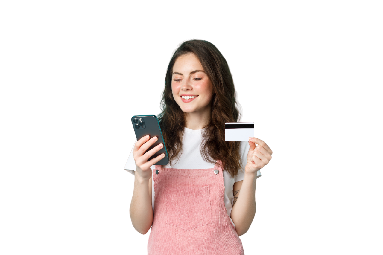 Young girl holding phone and credit card